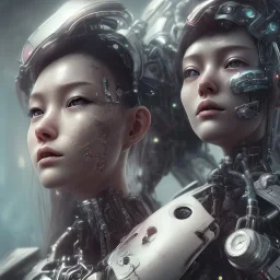 portrait closeup face half hitomi tanaka half cyborg middlecyborgs post-apocalypse in a cyberpunk city, sci-fi fantasy style, volumetric lighting, particales,highly detailed,cinamatic, deep colours,