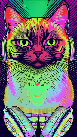 colorful cat with headphones on, graffiti art by Louis Wain, shutterstock contest winner, psychedelic art, black background, synthwave, colorfu