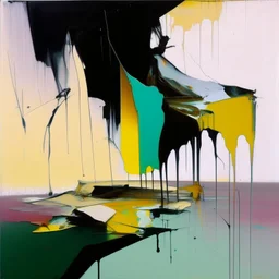 Empty Minimal contemporary abstract flat landscape painting.. Big brushstrokes. Twisted fragments of bodies. Drips of paint. style of Justin Mortimer and Adrian Ghenie. Triadic colour