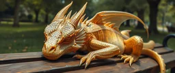 master oil painting by Rembrandt, close up portrait of transparent translucent dragon sleeping on a bench in the park