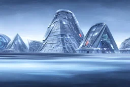 Futuristic buildings near frozen lake, science fiction, realistic painting