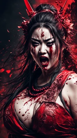 Huge girl samurai, face distorted with pain, screaming, tears streaming from eyes, siting pose, fullbody, splashes blood, behind guts rising from the ground, intricate, darkred tones, macro photography,