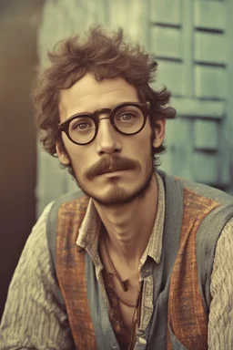 bohemian young ugly man with Parisian bohemian look and glasses of colours and poor and short short short and poor hair on the head with receding hairline. Farsightedness glasses with big eyes. Shirt beard in the head. Vintage look and feel like photo style-of the 70s