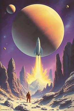 70s scifi art, alien planet, fantasy, ancient worlds, rocket