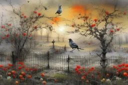 arafed whimsical folk art: post-apocalyptic grey tones, serene overgrown landscape at dawn after the end of humanity, wild plum trees covered in tremulous delicate white blossoms, soft mist and gentle falling rain, a vibrant robin with glowing fiery red feathers perched on a rusted low fence-wire in the foreground, swallows in flight blurred in the misty morning sky, lush green moss and damp dark earth, subtle abandoned decaying wooden posts fading into nature, soft ethereal dawn lighting, cool
