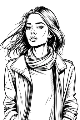black and white line art Fashion girl, white background with only outlines