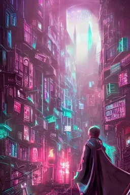 harry potter in cyberpunk, hogwarts 2077, neon, atmospheric, detailed, detailed illustration, hd, 4k, digital art, sharp focus, surrealistic, trending on artstation