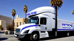 A police Tesla Cybertruck is chasing a Tesla 'Model S Plaid' at top speed, across the 'Universal Studios Hollywood', in Los Angeles. CINEMATIC. WIDE ANGLE LENS.