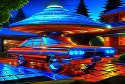 award winning car and driver digital 64k photorealistic image of a futuristic used UFO station wagon designed by an unknown alien civilization for sale in the front yard of a kentucky home, only one vehicle per image painted metallic orange traveling at a high rate of speed,the rear with bright blue flame, bilaterally symetrical