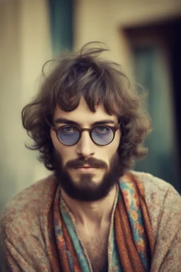 Hippie bohemian young man with Parisian bohemian look and glasses of colours and poor and short short short and poor hair on the head with receding hairline. Farsightedness glasses with big eyes. Long beard. Vintage look and feel like photo styleof the 70s