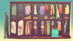 fantasy cartoon illustration: a cabinet full of new clothes