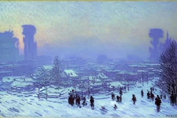 cyberpunk buildings near the frozen lake, winter, tendency to science fiction, realistic vision, konstantin korovin and claude monet painting