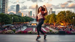 beautiful lady with makeup in pants and pretty shirt curvy long hair sport shoes dancing in a open stage in a modern city cnter,modern city escape at dintant ,flowers and trees ,pretty clouds, golden hour