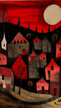 A dark red village near a vampire chateau designed in Javanese shadow puppets painted by Paul Klee