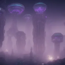 ALIENS FLOATING, MAGIC BUILDING, FOGGY NIGHT, GLOWING, PURPLE, TOWERS, 4K, 8K, CINEMATIC