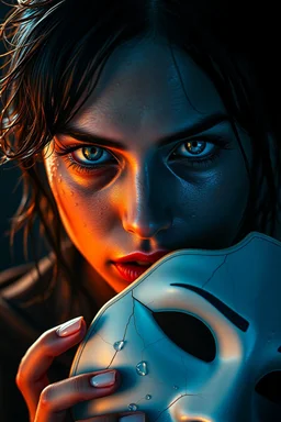 A hyper-realistic, cinematic close-up portrait of a mysterious young woman with piercing blue eyes and wet glistening skin, covered in water droplets, under dramatic moody lighting. She has dark, messy, damp hair framing her face, glossy red lips, and defined eyebrows. The lighting features a strong contrast of deep blue and warm orange tones, creating a dramatic atmosphere. She is holding a cracked white mask with water droplets in one hand, symbolizing hidden emotions and secrets. Ultra-realis