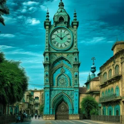 A greenish blue city with a clock tower designed in Mehndi design painted by Alfred Sisley
