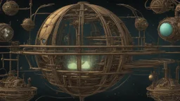 steampunk sphere with tubes, pipes, and wires floating in deep space, detailed