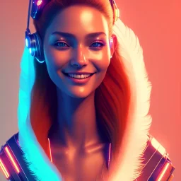 A beautiful portrait of a cute cyberpunk woman smiling facing camera orange color scheme, high key lighting, volumetric light high details with white stripes and feathers unreal 5, octane render, cinema4d, dynamic lighting, dramatic lighting, 4k, redshift render, highly detailed, hyper realistic