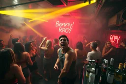 dans golv på en nedsliten sunkig techno club, många personer som dansar, yppiga kvinnor, mycket scen rök i lokalen, och gula röda strobes, en del personer ser in i kameran och skriker: "Benny!" och en Neon Skylt med texten "DJ ROY" på väggen, DJ Roy skriker rätt in i kameran, öppen mun, mycket flaskor och glas i baren