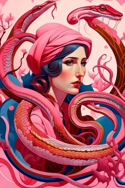 Abstrack surrealist styl a woman and and a super realistic pink snake surrounding it, art nouveau, style