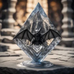 giger escher bat on pyramid sculpture in transparent murano glass in front of stone wall,bokeh like f/0.8, tilt-shift lens 8k, high detail, smooth render, down-light, unreal engine,bokeh like f/0.8, tilt-shift lens 8k, high detail, smooth render, down-light, unreal engine