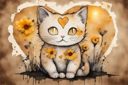 good night picture in ochre, double exposure, merged layers, burned burlap, cute chibi anime cat, beautiful surrealistic composition, melting watercolor and black ink on wet paper in sunshine, flowers, heart and love, ethereal, cinematic postprocessing