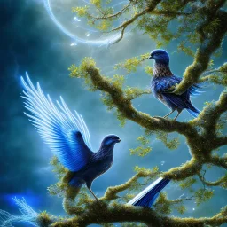 a detailed illustration of a black and blue phoenix sitting on a branch of a tree, phoenix bird wallpaper, luminescent body, glinting wings, full body, symmetrical body, realistic, glowing wings, sharp focus, meticulously detailed, soft evening sky, 64k