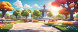 Background: beautiful colorful city park on a bright sunny day landscape, picnic table, clouds, spring flowers, fountain, trees, 3D vector cartoon asset, mobile game cartoon stylized, clean Details: colorful flowers, far-off trees, paved pathway, detailed. Camera: side angle, 45° downward, 35 mm. Lighting: high noon sun, LED lights. cartoon style