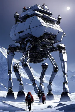 a sleek mechanical walker with eight legs scaling a very steep snow covered side of mout everest at night, it has a smooth surface, it has storage pods on its belly and humans can fit in the pods