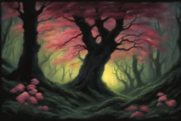 Night, trees, flowers, japanese manga style, horror gothic fantasy spring, rocks, friedrich eckenfelder impressionism paintings