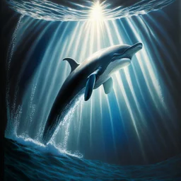 A dramatic, chiaroscuro-style acrylic painting of a powerful dolphin hunting its prey in the depths of the ocean, with stark contrasts between light and shadow to emphasize the intensity and raw beauty of the scene