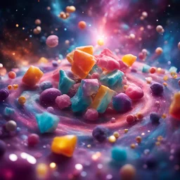 galactic sweets candy gummy candy in space, cosmic candy vortex, nebula and constellations in background, sharp focus, high contrast, bright vibrant colors, cinematic masterpiece, shallow depth of field, bokeh, sparks, glitter, 16k resolution, photorealistic, intricate details, dramatic natural lighting