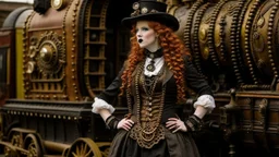 full-length portrait of a pale-faced steampunk woman with auburn wavy shoulder-length hair, with detailed metal arms and legs, dressed like a Victorian, standing beside a steam carriage