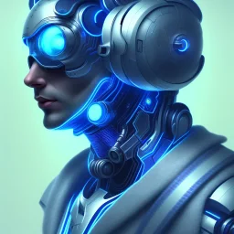 A beautiful portrait of a cute cyborg man blue color scheme, high key lighting, volumetric light high details with white stripes and indian paterns and wimgs psychedelic background