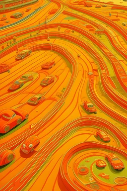 A golden orange colored race course with fast cars designed in German folk art painted by Lucas van Leyden