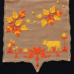 an autumn colored textured cloth embroidered ornamental leaves and cattle, pointed bottom, on dark background