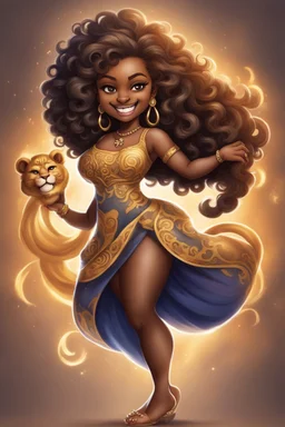 A fearless curvy dark-skinned airbrushed chibi swishes her lion tail excitedly, wearing a dress decorated with the Leo astrology symbol. With mane-like hair wild with curls, she smiles wide, showing off fangs. She stands arms and legs spread, steadfast as a lioness, demonstrating Leo courage and leadership. Background of a Leo zodiac symbol