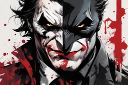 poster in two gradually, a one side half face Batman dark tones and other side half face Joker darkred tones, painting by Yoji Shinkawa,