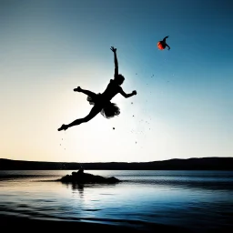 this photo Explores how brightness contrasts with shadow [psychedelic high res photo by Ralph Steadman] Light Against the Dark on a levitating acrobat over a large area of translucid water