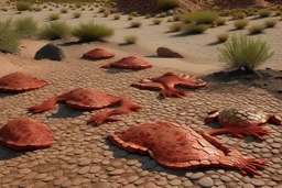 A dark red desert with reptiles designed in Ica stones