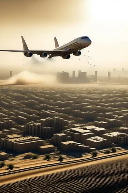make a plane flying over a city throwing some sahara dust
