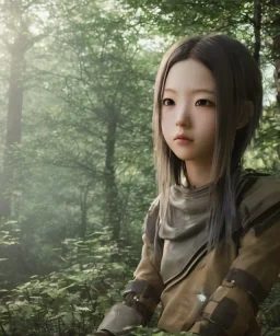 Anime girl cute neck head portrait, warrior costume, village, meditation, woods, cyberpunk, 8k quality