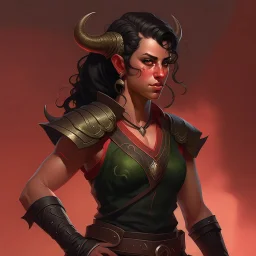 a beautiful dark haired tiefling woman in a sleeveless battle outfit,