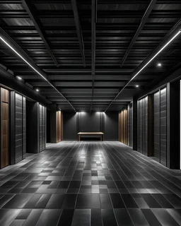 Una sala de paredes negras y suelo de linóleum gris claro y brillante. El techo tiene vigas de madera de donde cuelgan focos de teatro que iluminan la sala con luz cálida. La sala está vacía e inundada solo hay 42 sillas negras en el centro de cara al espectador.