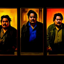 (fineart:1.5, masterpiece1.5) (realism:1.5) award winning picture of award winning fat johnny depp, fat man watching tv, tv in frame , three panels, multiple views, well lit fluorescent lighting, warm colors