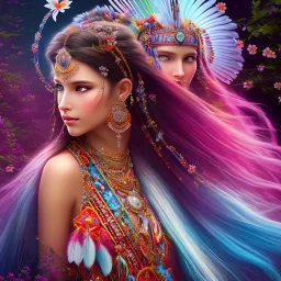 bright native american fairy, beautiful portrait, flowery landscape