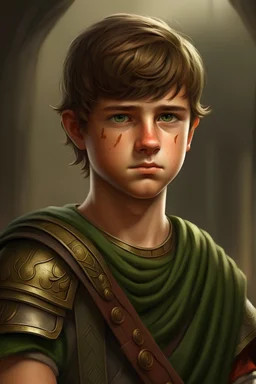 Create a young Roman soldier, short hair, medium height, green eyes, on a fort to defend