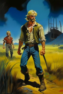 1970's dark fantasy cover dnd style oil painting of a hobo farmer entrepeneur blonde man with sport outfits with minimalist far perspective. Magazine.