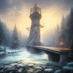 fantasy art, book cover, isometric big mad wizard in front of the ebony stairs of a bridge or dam ,icy water, on the bridge is a wolf